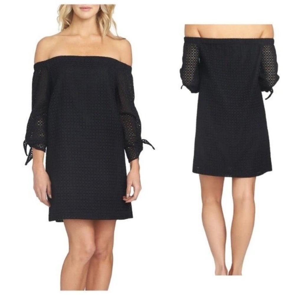 1. State X Revolve Black Eyelet Off Shoulder Tie Sleeve Cotton Summer Dress S